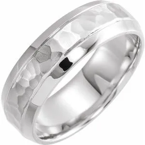 14K White 7 mm Beveled-Edge Band with Hammered Finish Size 9