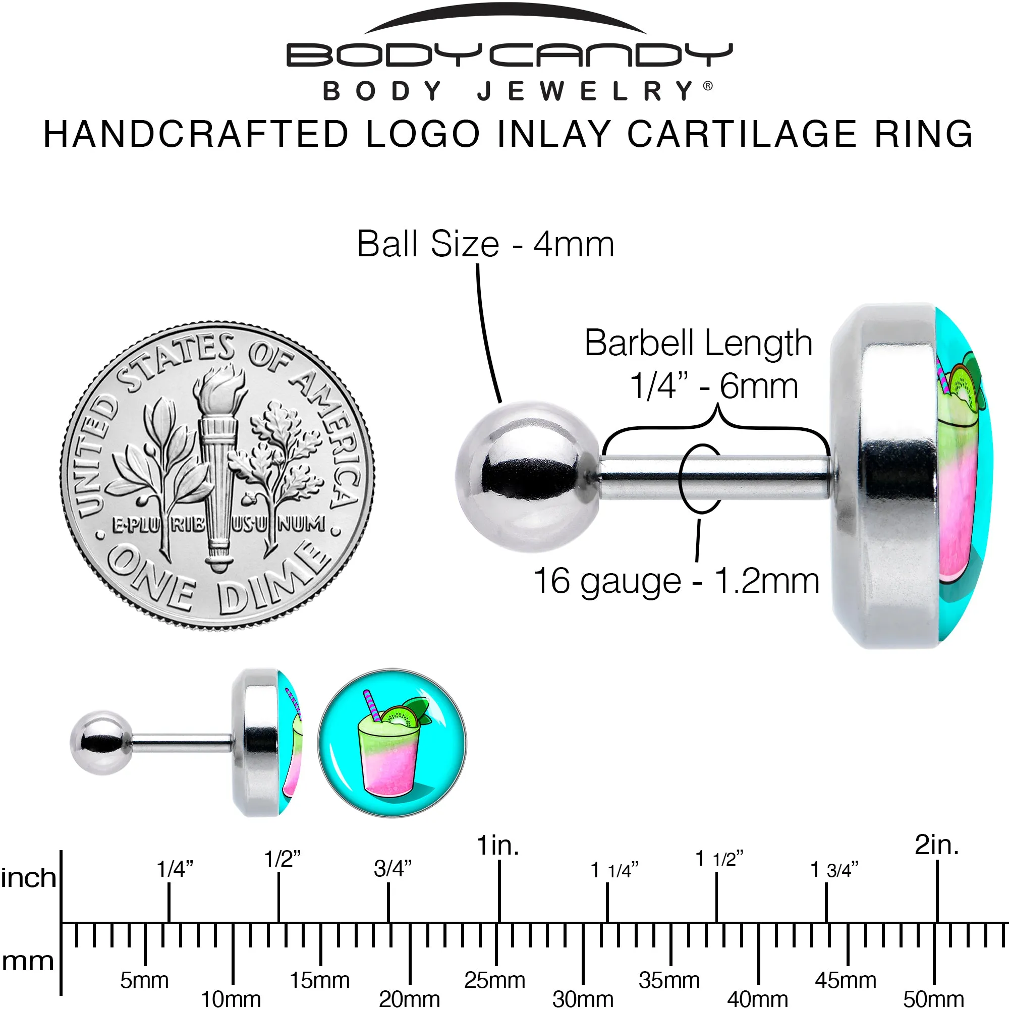 16 Gauge 1/4 Summer Drink Cartilage Tragus Earring