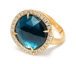 18K Yellow Gold London Blue Topaz Cocktail Ring With Diamonds