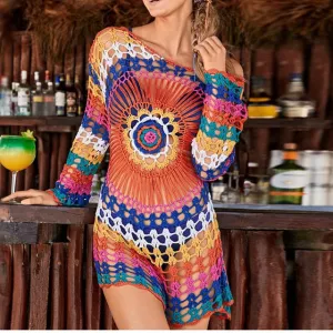 2019 Summer Casual Hollow Out Bikini Beach Cover Up Fishnet Crochet Beach Dress Women Swimwear Beach Wear Pareo Saida De Praia