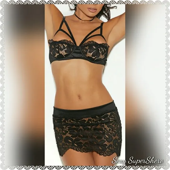 🆕2Pc Flirt-Skirt Lingerie Satin&amp; Eyelash Lace Set