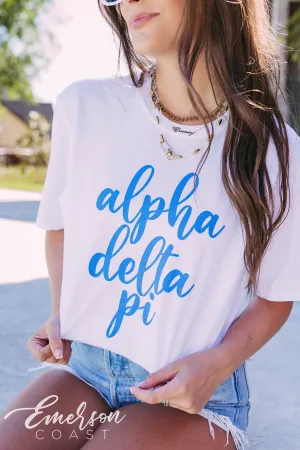 Alpha Delta Pi Recruitment Blue Script Tee
