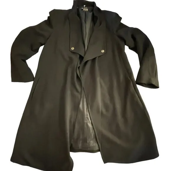 Ann Klein black long sleeve drape collar open x long trench blazer size large