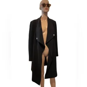 Ann Klein black long sleeve drape collar open x long trench blazer size large