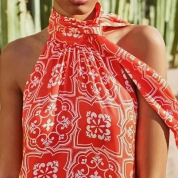 Ann Taylor Tiled Flowy Tie Neck Halter Maxi Dress Jupiter Orange
