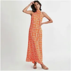 Ann Taylor Tiled Flowy Tie Neck Halter Maxi Dress Jupiter Orange