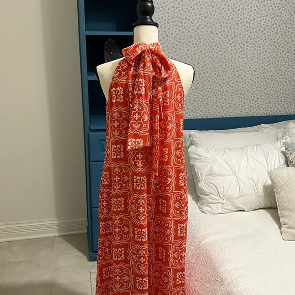 Ann Taylor Tiled Flowy Tie Neck Halter Maxi Dress Jupiter Orange