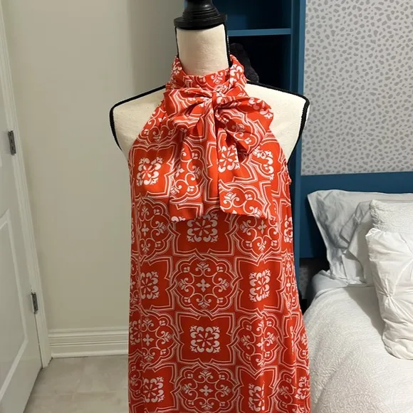 Ann Taylor Tiled Flowy Tie Neck Halter Maxi Dress Jupiter Orange