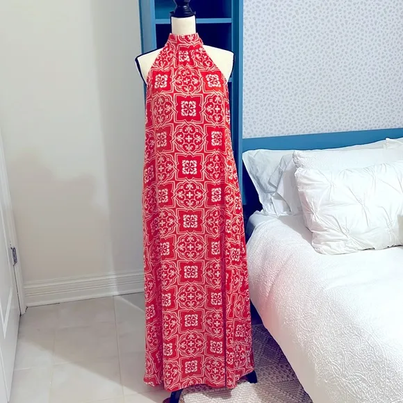 Ann Taylor Tiled Flowy Tie Neck Halter Maxi Dress Jupiter Orange