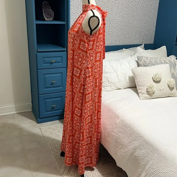 Ann Taylor Tiled Flowy Tie Neck Halter Maxi Dress Jupiter Orange