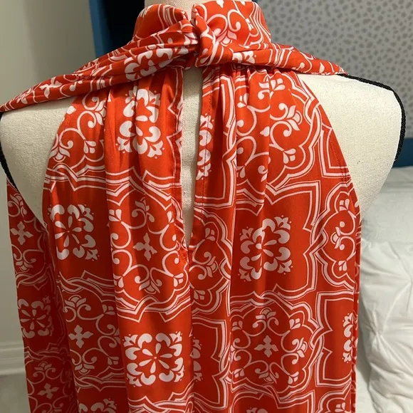 Ann Taylor Tiled Flowy Tie Neck Halter Maxi Dress Jupiter Orange