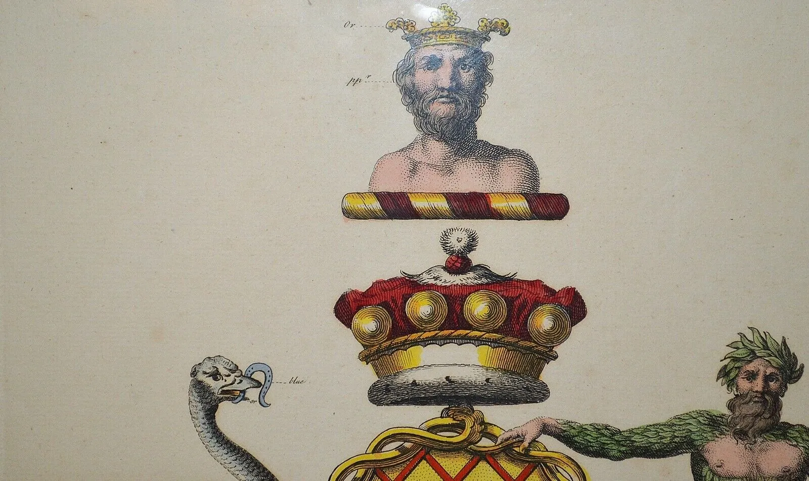 Antique English Framed Art Heraldic Crest Crown Colored Copper Engraving 18th C