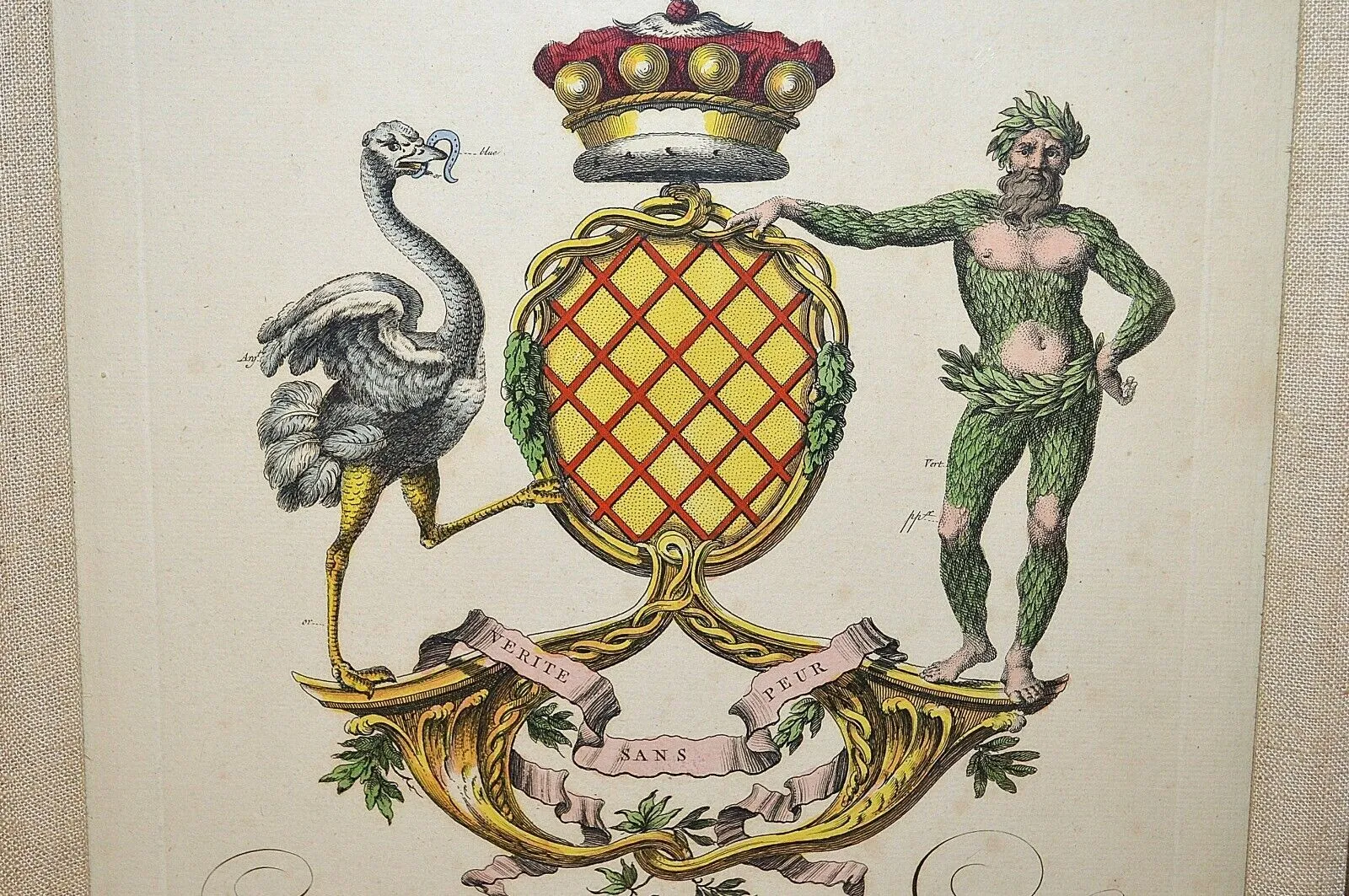 Antique English Framed Art Heraldic Crest Crown Colored Copper Engraving 18th C