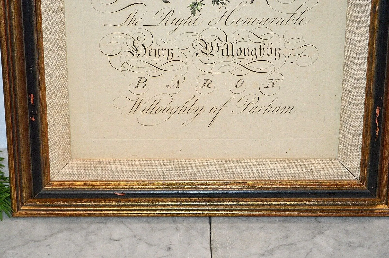 Antique English Framed Art Heraldic Crest Crown Colored Copper Engraving 18th C