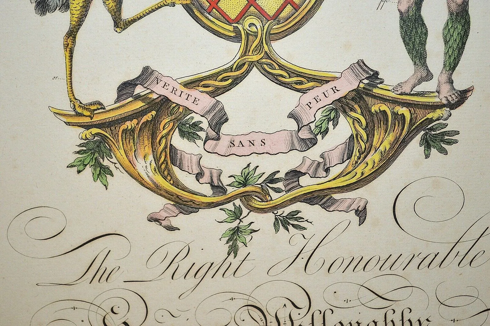 Antique English Framed Art Heraldic Crest Crown Colored Copper Engraving 18th C