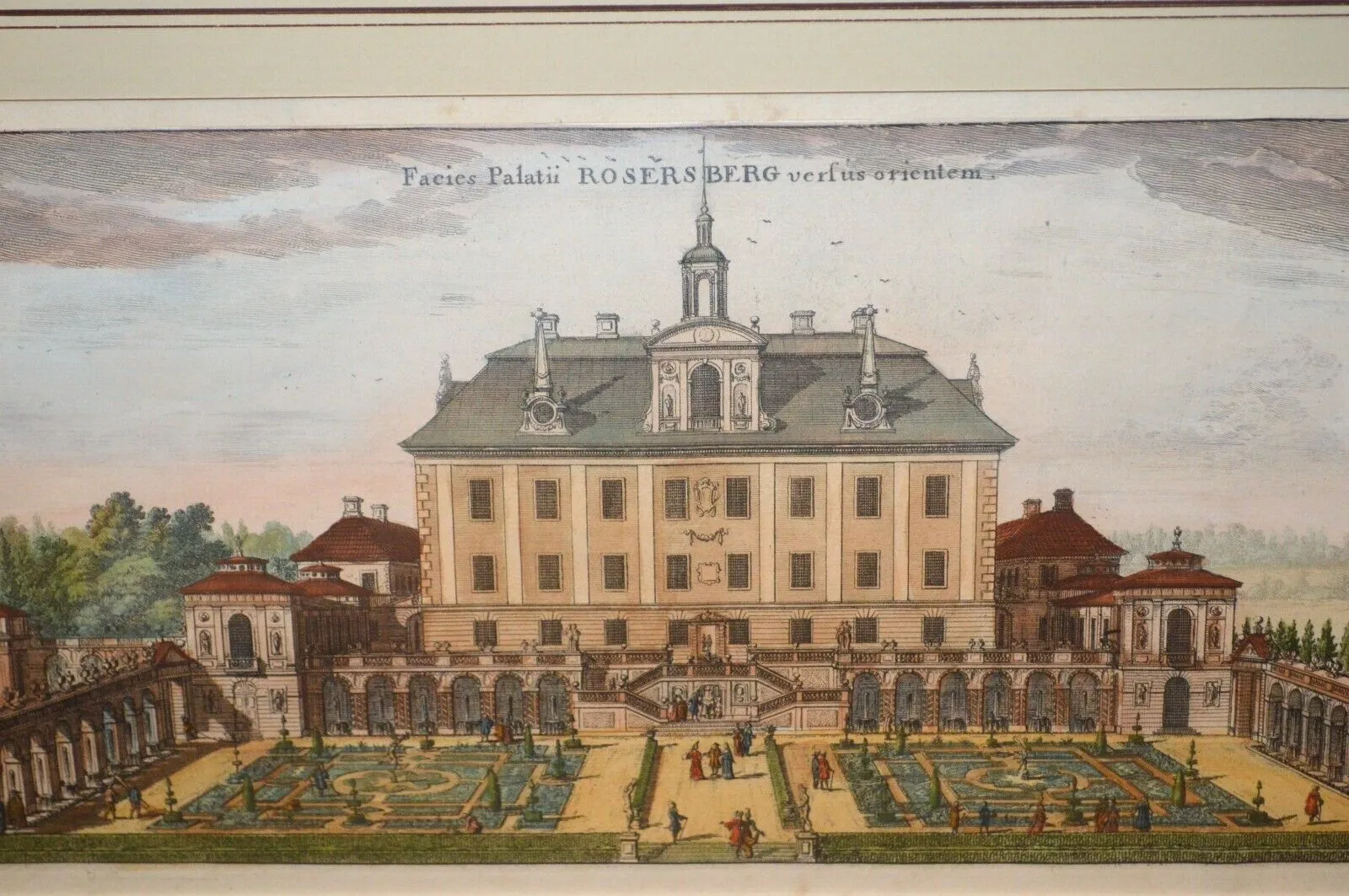Antique Framed Erik Dahlberg Color Engraving Suecia Antiqua Hodierna Rosersberg