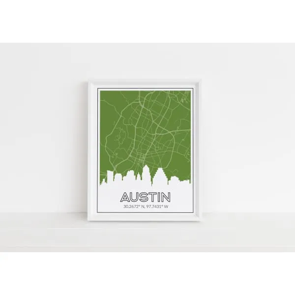 Austin, Texas skyline and map with coordinates
