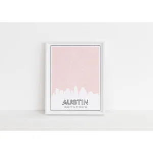 Austin, Texas skyline and map with coordinates