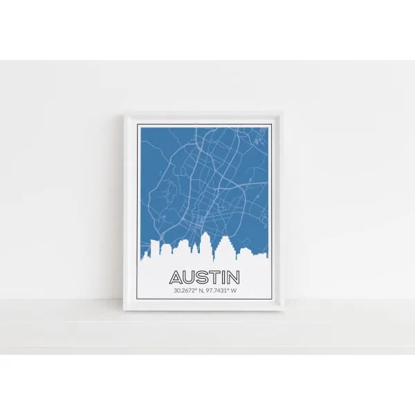 Austin, Texas skyline and map with coordinates