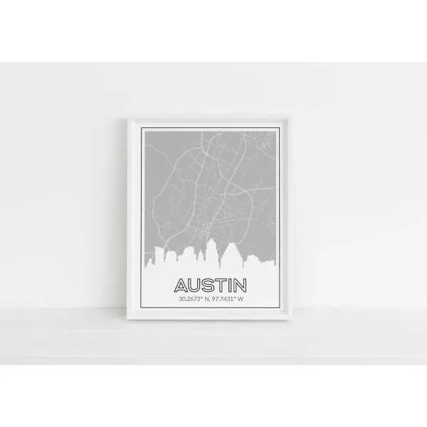 Austin, Texas skyline and map with coordinates