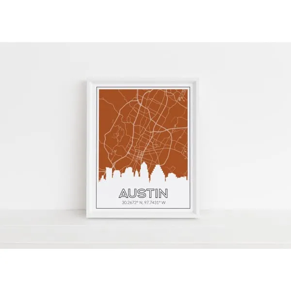 Austin, Texas skyline and map with coordinates