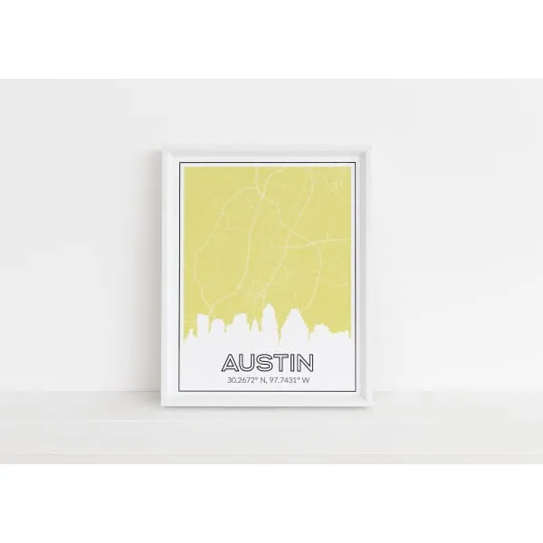 Austin, Texas skyline and map with coordinates