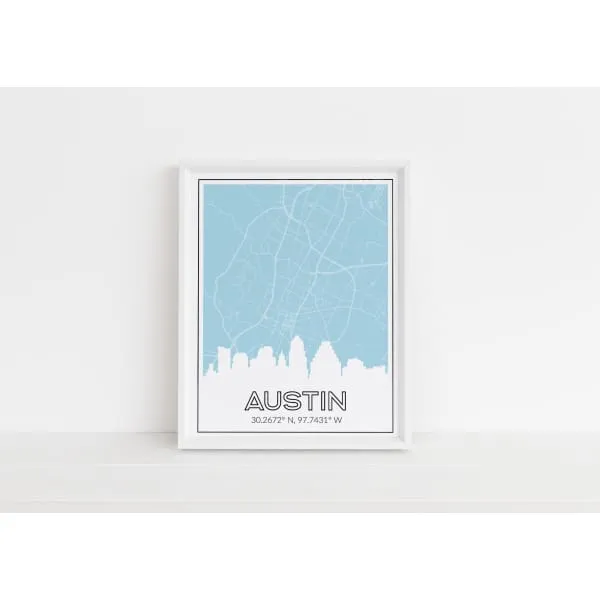 Austin, Texas skyline and map with coordinates