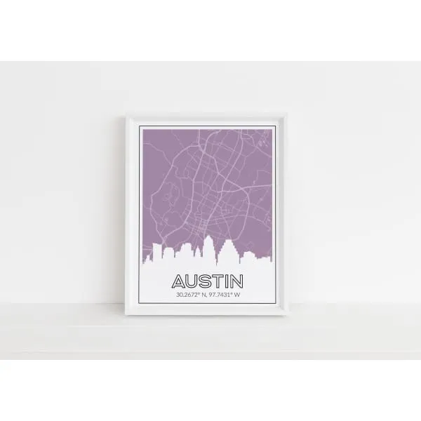 Austin, Texas skyline and map with coordinates