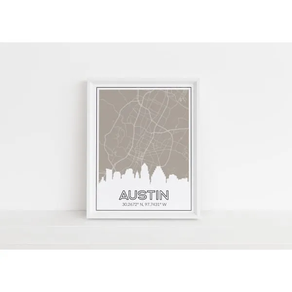 Austin, Texas skyline and map with coordinates