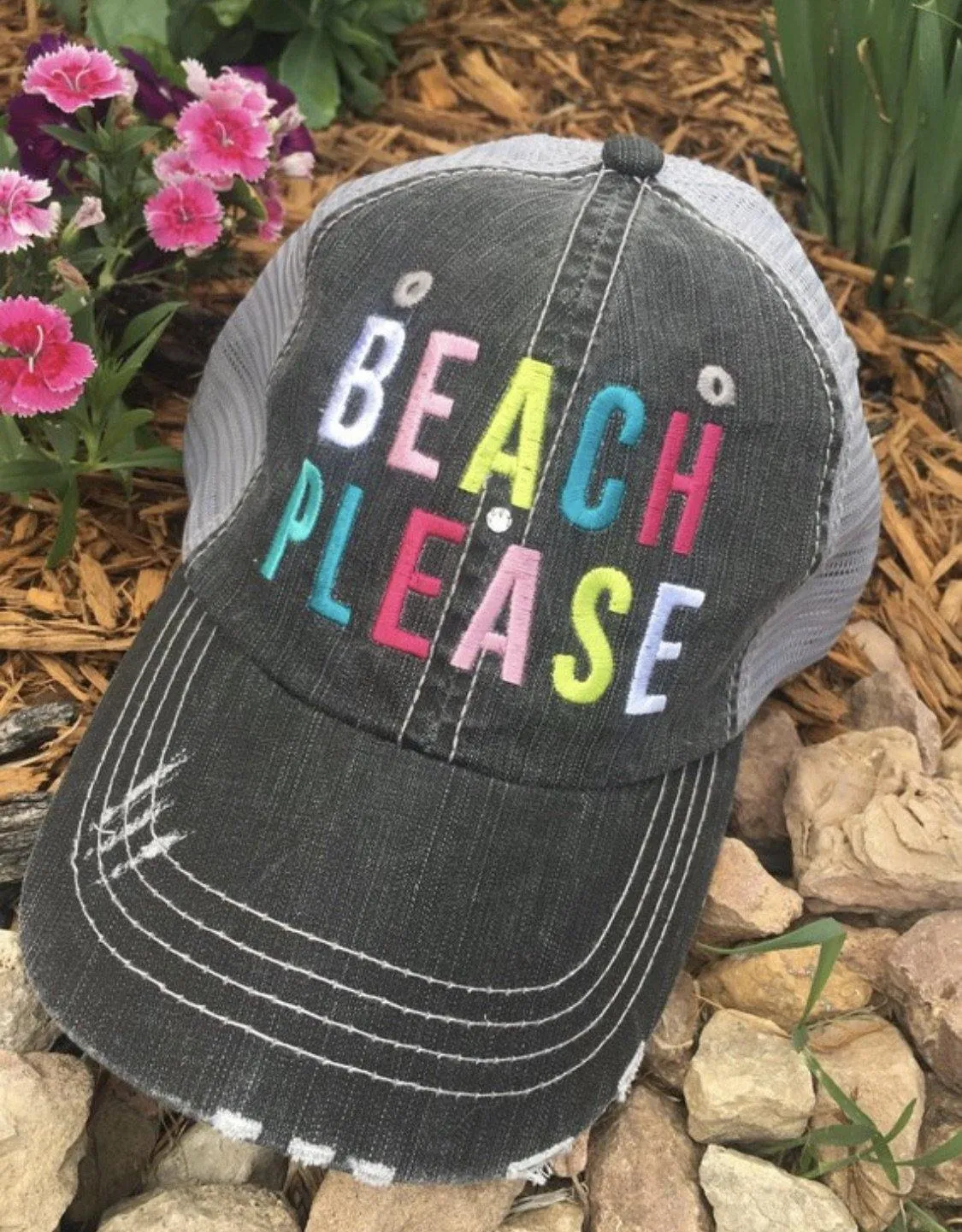 Beach Hats Beach please Embroidered distressed trucker caps Seashells Vacation
