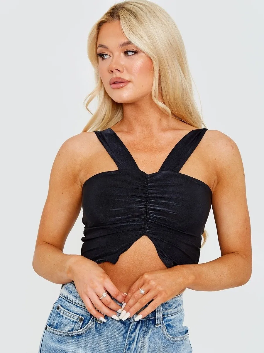 Black V-Neck Strap Ruched Crop Top