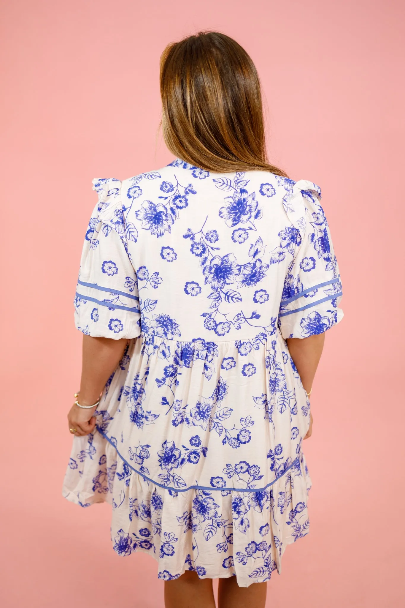 Blue Floral Trimmed Dress