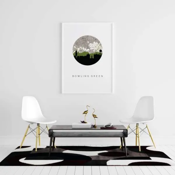 Bowling Green, Kentucky city skyline with vintage Bowling Green map
