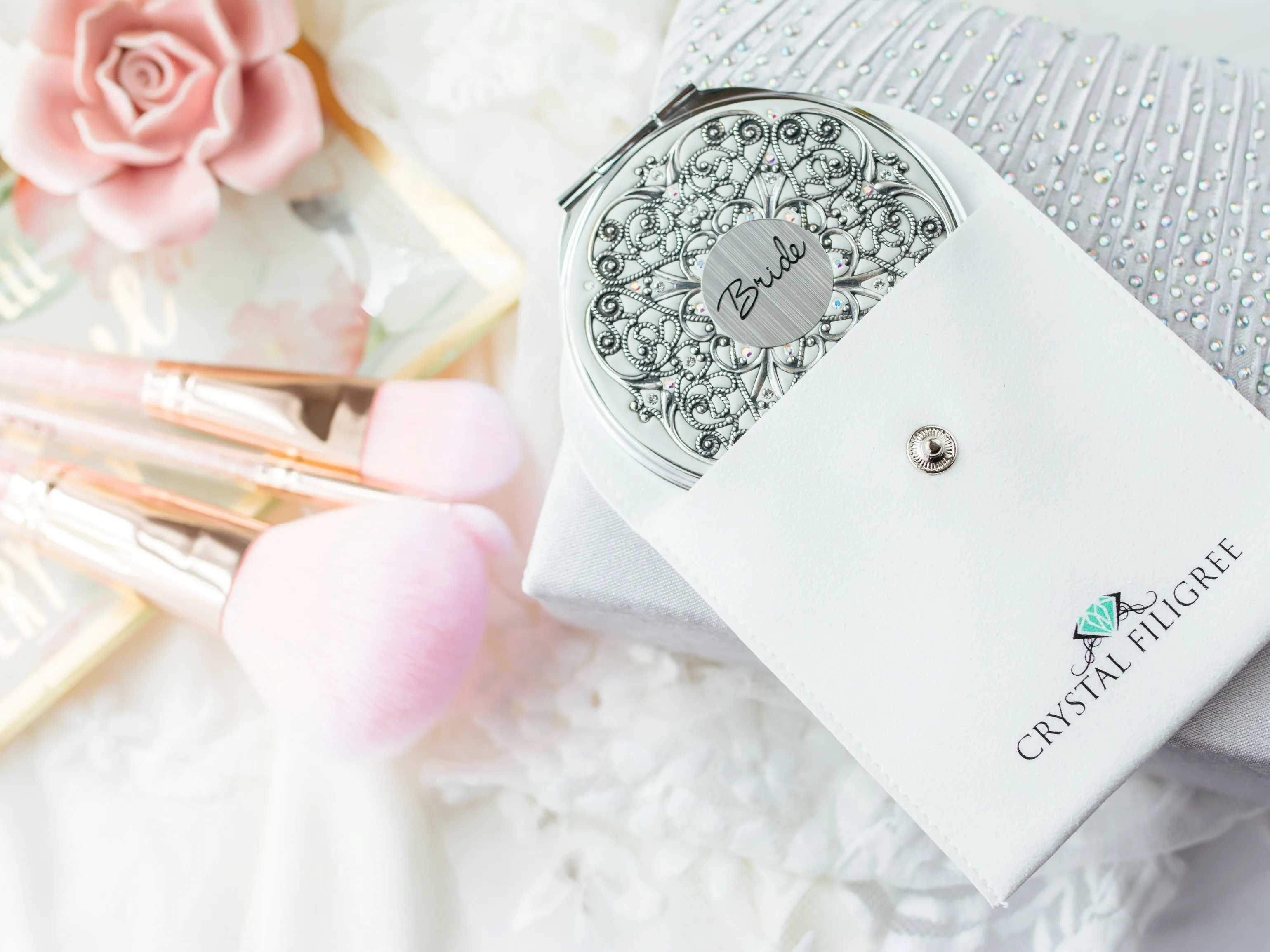 Bridal Compact Mirror with Delicate Silver Filigree