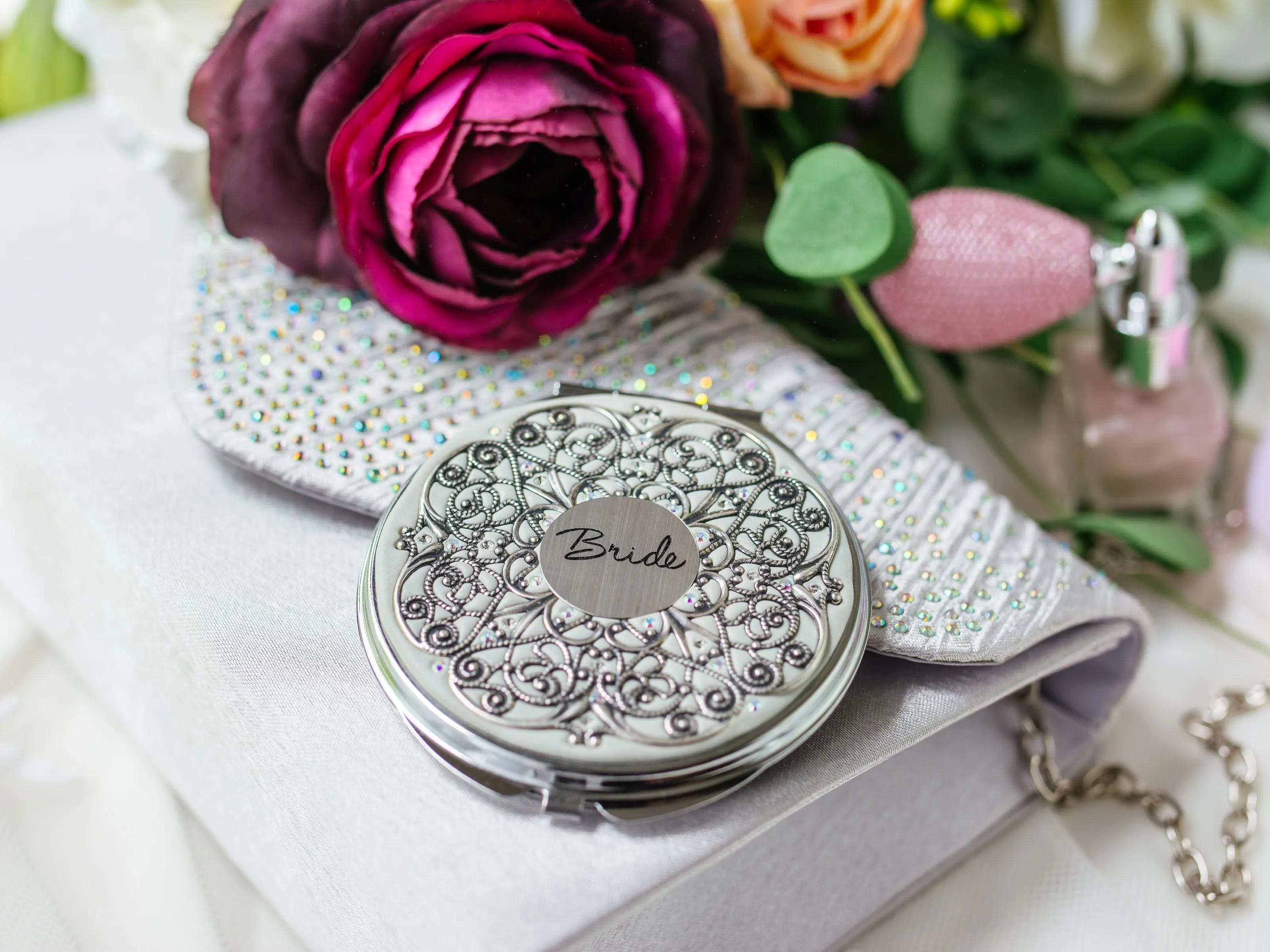 Bridal Compact Mirror with Delicate Silver Filigree