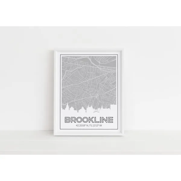 Brookline, Massachusetts skyline and map art print with city coordinates