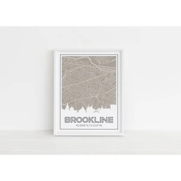 Brookline, Massachusetts skyline and map art print with city coordinates