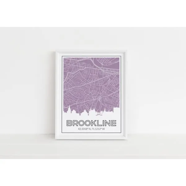 Brookline, Massachusetts skyline and map art print with city coordinates