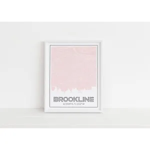 Brookline, Massachusetts skyline and map art print with city coordinates