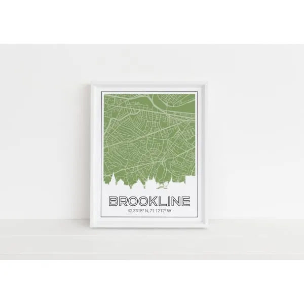 Brookline, Massachusetts skyline and map art print with city coordinates