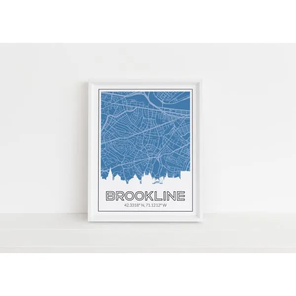 Brookline, Massachusetts skyline and map art print with city coordinates