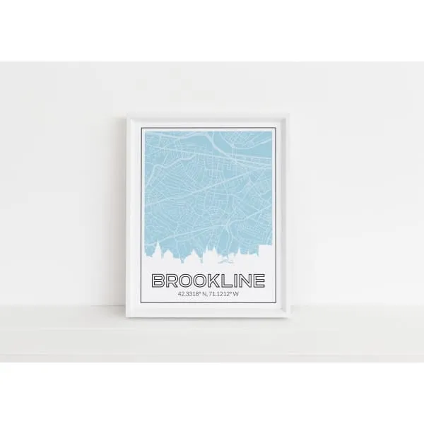 Brookline, Massachusetts skyline and map art print with city coordinates