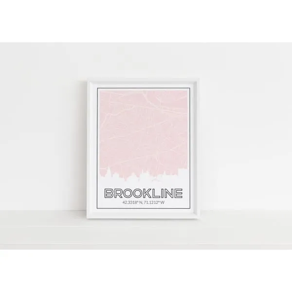 Brookline, Massachusetts skyline and map art print with city coordinates