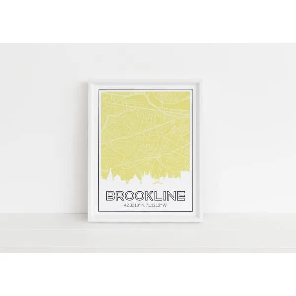 Brookline, Massachusetts skyline and map art print with city coordinates