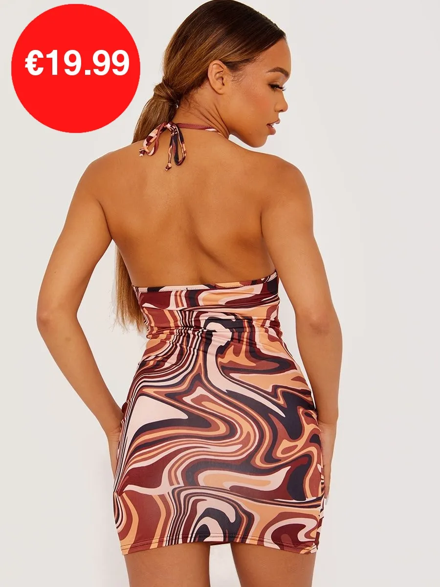 Brown Halter Neck Marble Print Slinky Dress