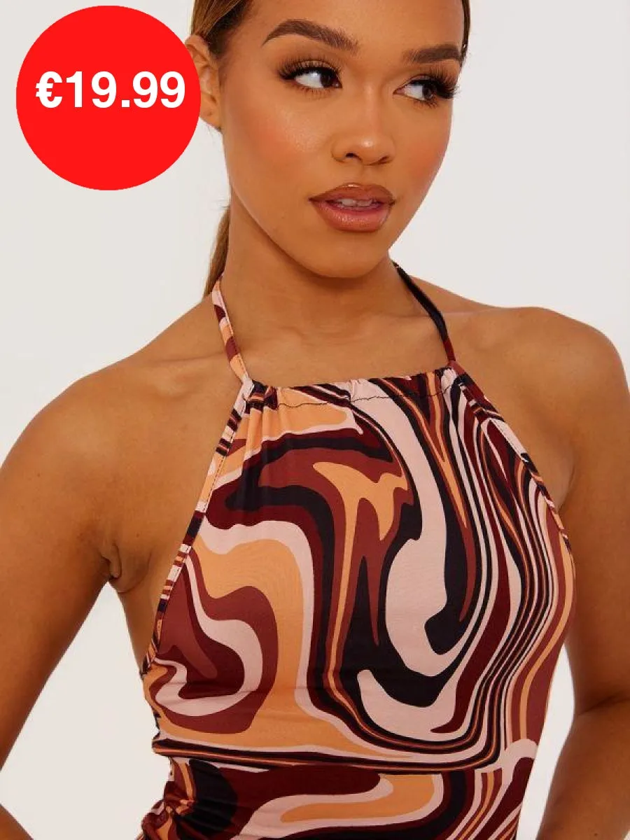 Brown Halter Neck Marble Print Slinky Dress