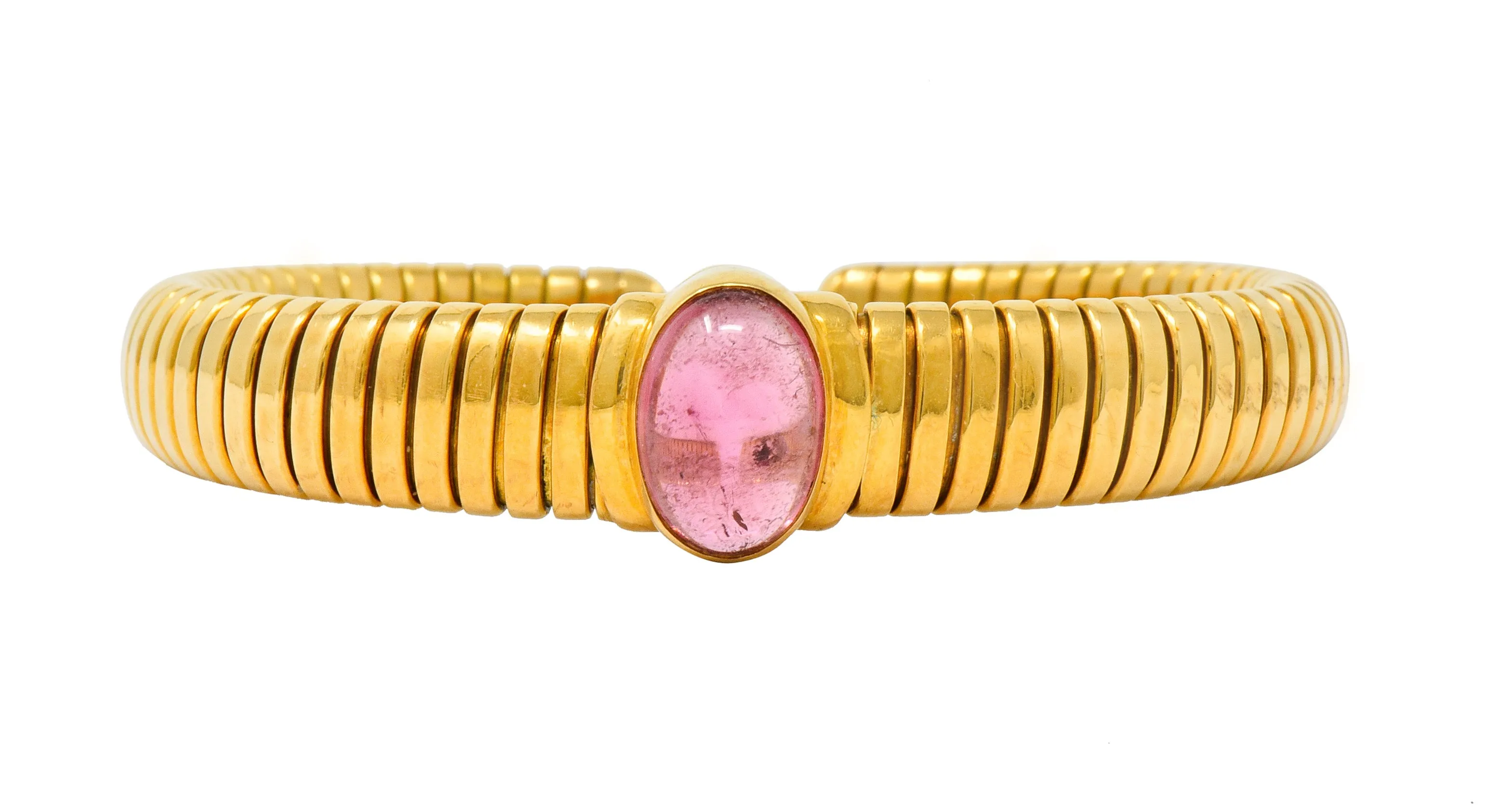 Bulgari Vintage Pink Tourmaline 18 Karat Gold Tubogas Cuff Bracelet