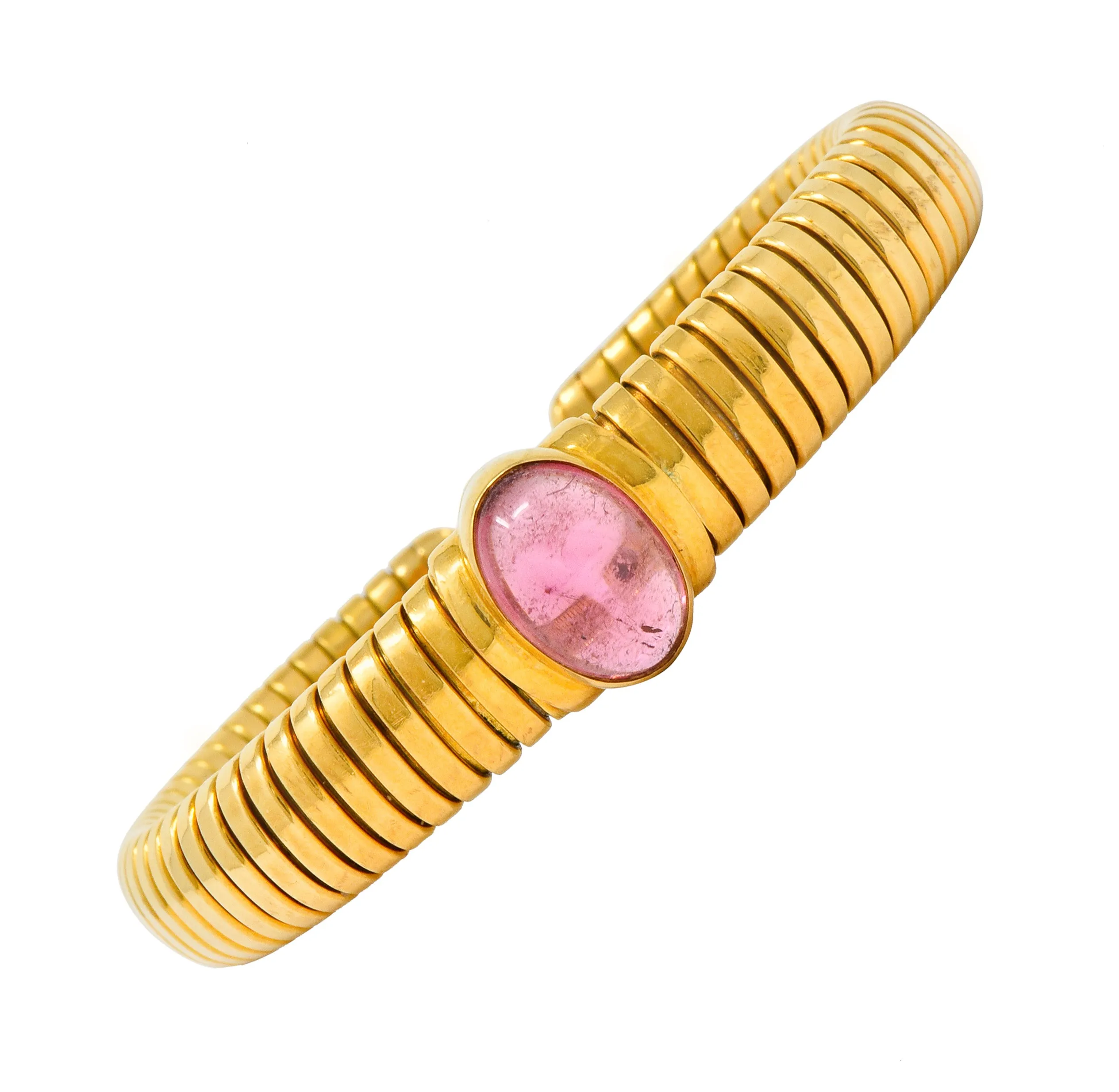 Bulgari Vintage Pink Tourmaline 18 Karat Gold Tubogas Cuff Bracelet