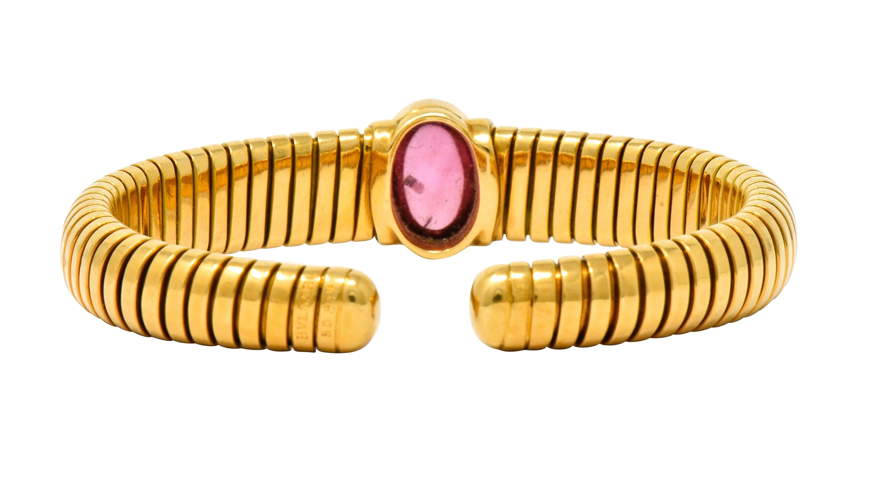 Bulgari Vintage Pink Tourmaline 18 Karat Gold Tubogas Cuff Bracelet
