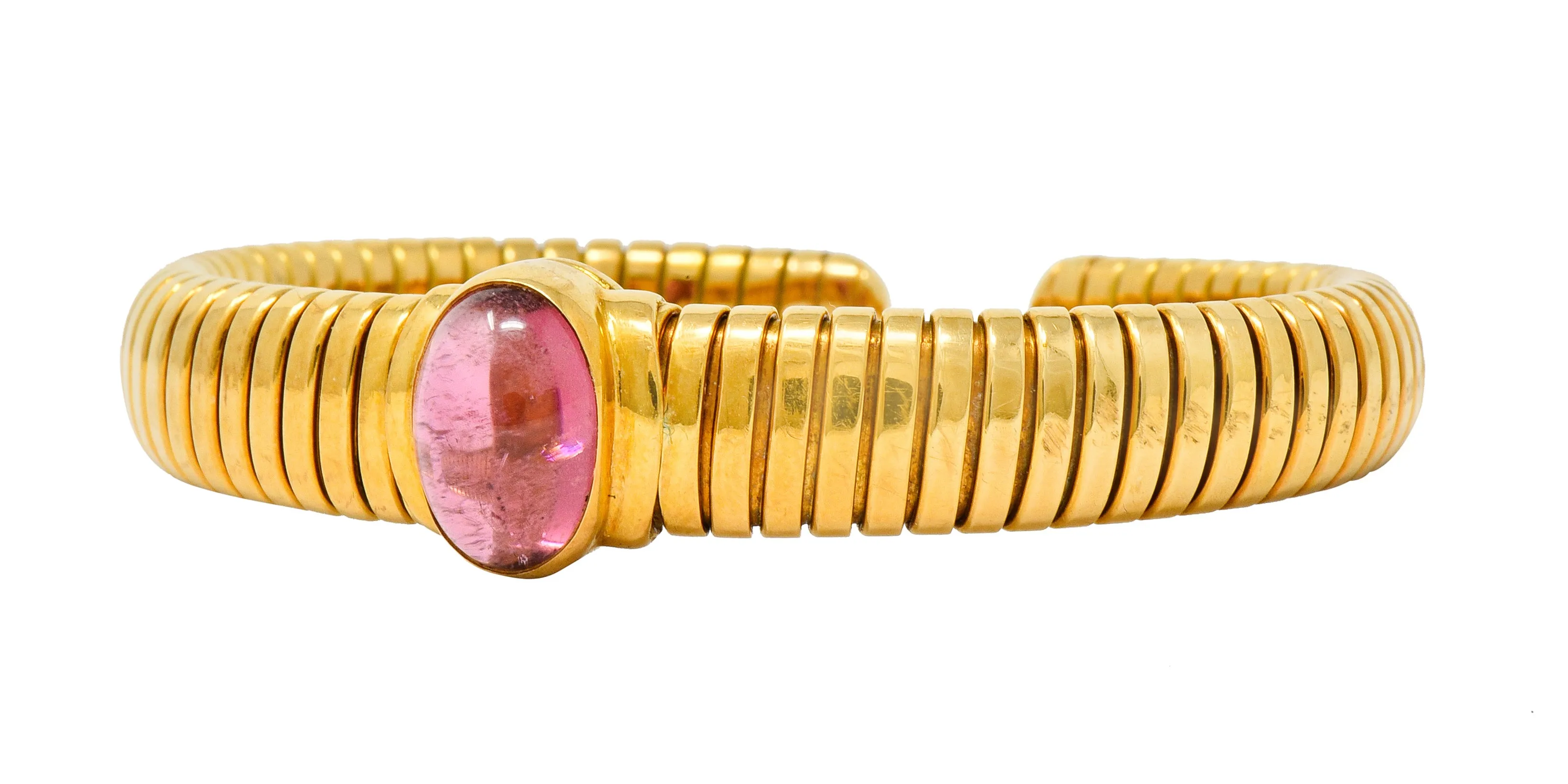 Bulgari Vintage Pink Tourmaline 18 Karat Gold Tubogas Cuff Bracelet
